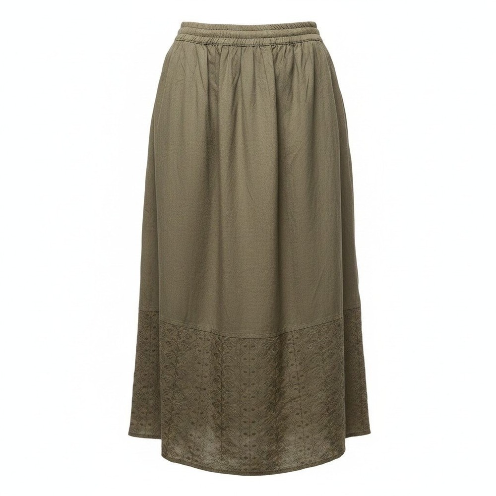 Rave Boho Embroidered Eyelet Trim Maxi Skirt Womens M Olive Green Cottagecore